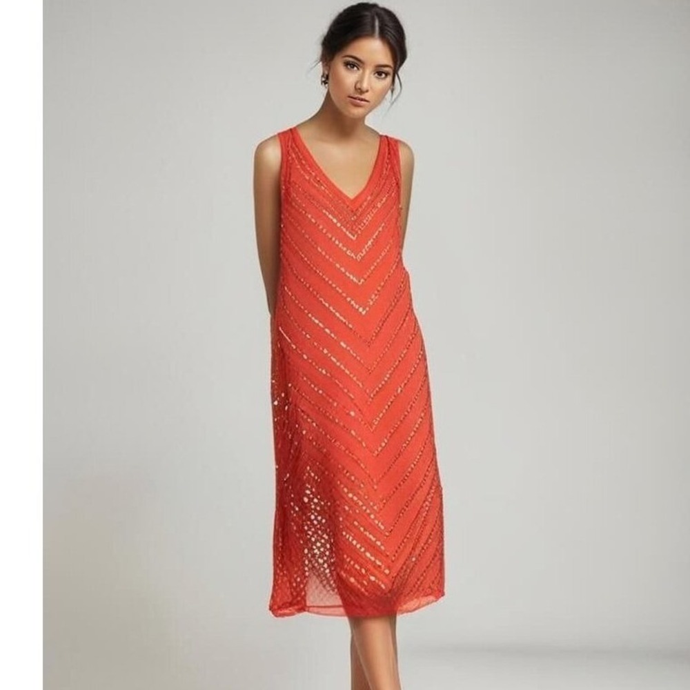 Carmen Marc Valvo Red Gold Studded Evening Cocktail Dress